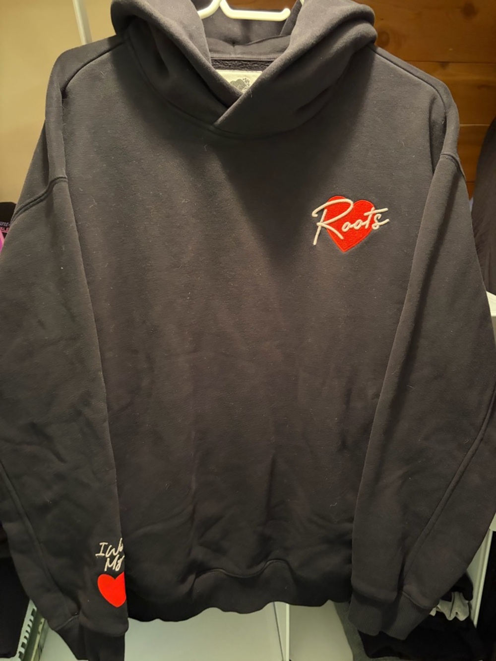 Roots Black Hoodie with Red Heart Script